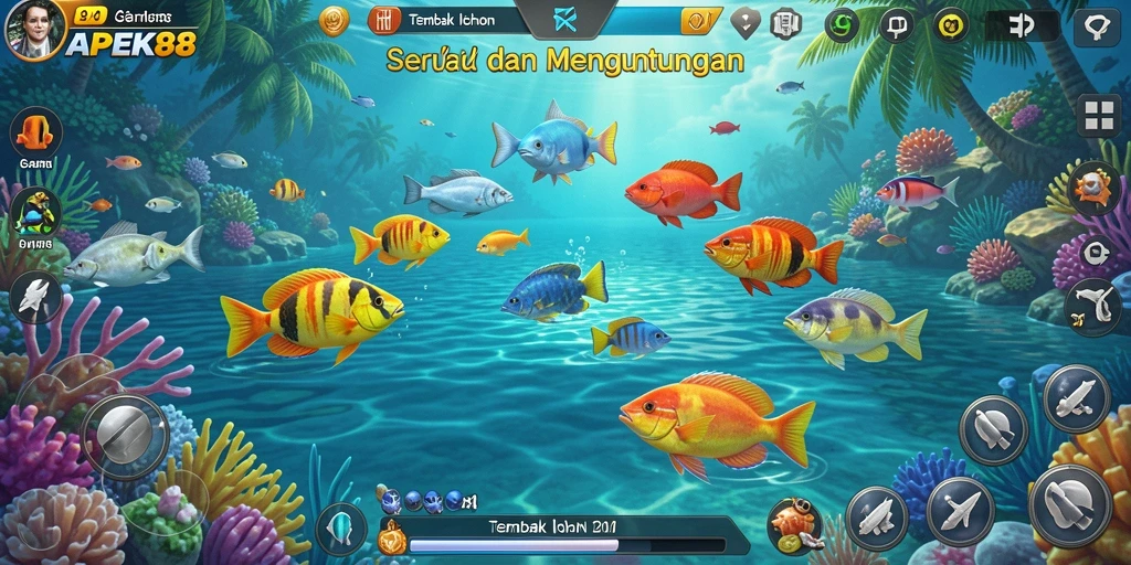 Screenshot gameplay APEK88 dengan aksi menembak ikan yang seru.