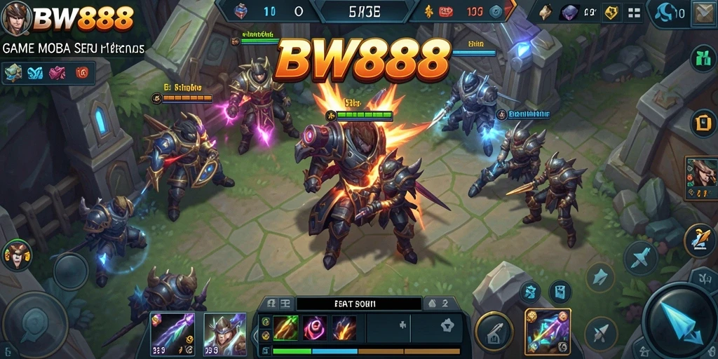 Screenshot gameplay BW888 menampilkan pertempuran MOBA yang mendebarkan.