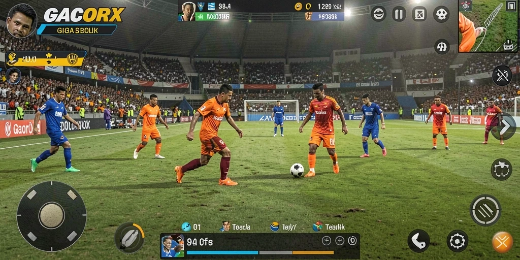 Screenshot utama GACORX menampilkan aksi seru sepak bola.
