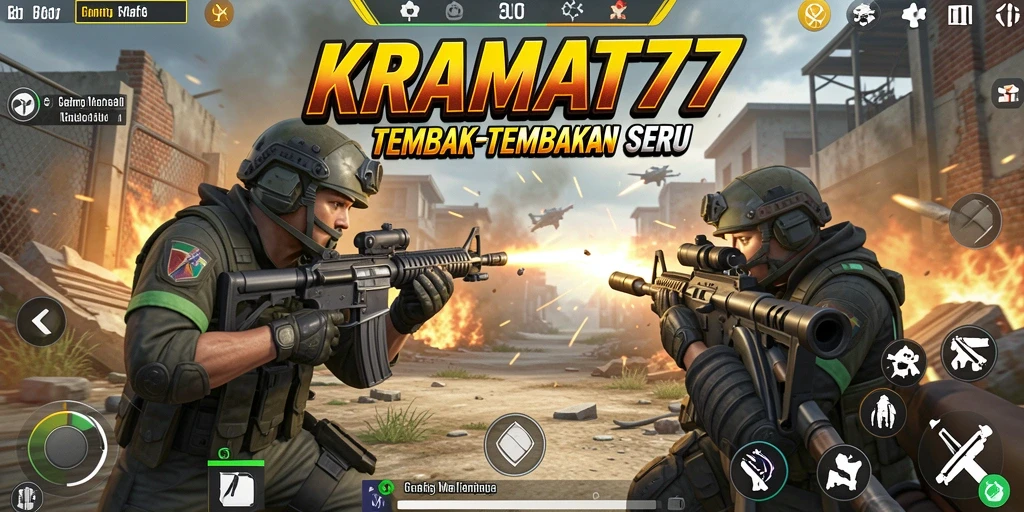 Gameplay KRAMAT77 dengan aksi tembak-menembak yang intens.