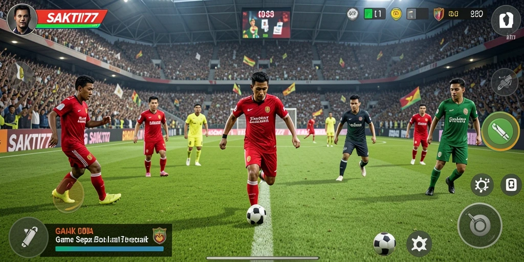 Screenshot gameplay SAKTI77 menampilkan aksi pertandingan sepak bola yang mendebarkan.