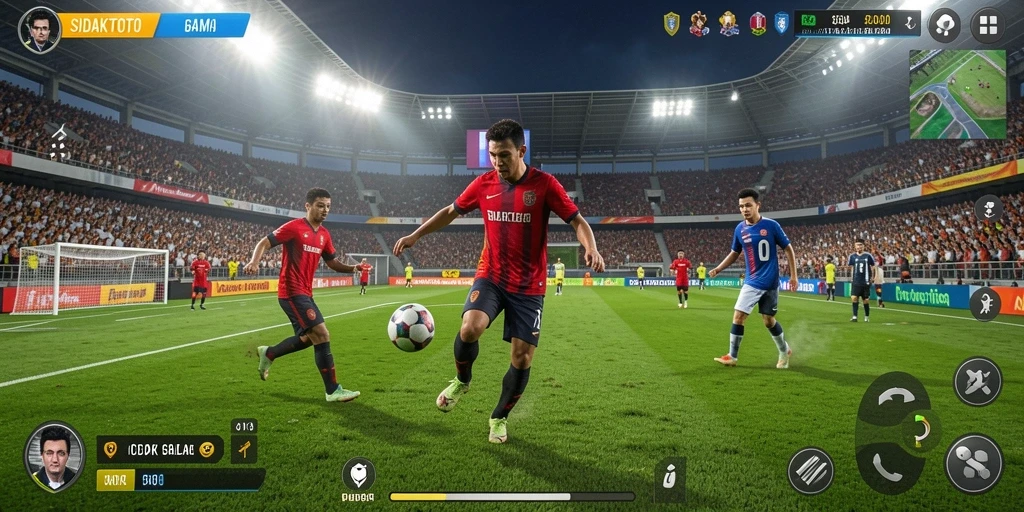 Screenshot gameplay <strong>SIDAKTOTO</strong> menampilkan aksi pertandingan sepak bola yang mendebarkan.