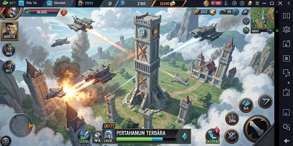 Tampilan gameplay SKY77 dengan menara pertahanan yang menarik.